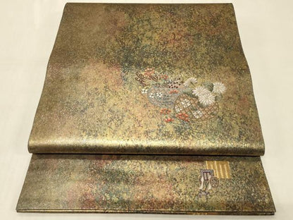 平和屋着物◎太鼓柄袋帯　唐織　花籠文　引箔　正絹　逸品　CABC5112in