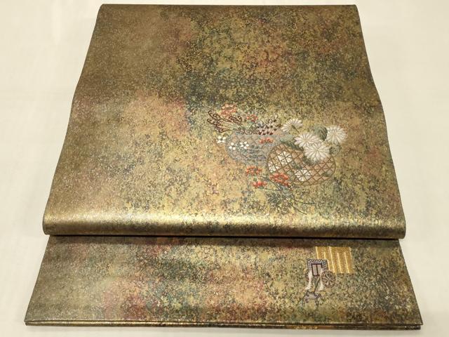 平和屋着物◎太鼓柄袋帯　唐織　花籠文　引箔　正絹　逸品　CABC5112in