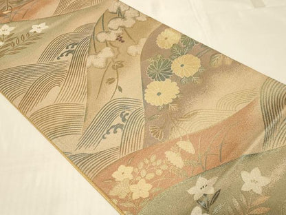 平和屋着物◎六通柄袋帯　立波草花文　金糸　正絹　逸品　CABC5117in