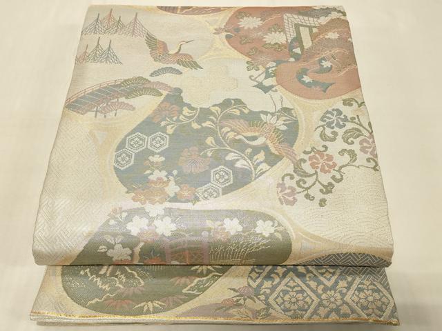 平和屋着物◎六通柄袋帯　御所車飛鶴花文　金銀糸　正絹　逸品　CABC5119in