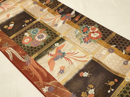 平和屋着物◎六通柄袋帯　唐織　天井鳳凰花丸文　金糸　正絹　逸品　CABC5120in