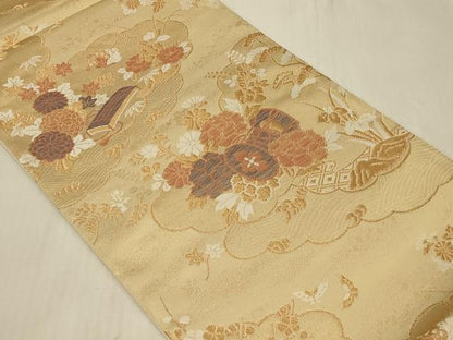 平和屋着物◎六通柄袋帯　雲取り鼓花文　金糸　正絹　逸品　CABC5121in