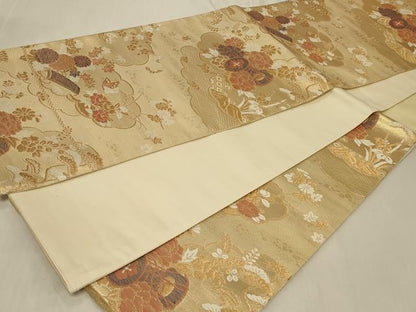 平和屋着物◎六通柄袋帯　雲取り鼓花文　金糸　正絹　逸品　CABC5121in