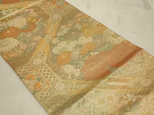 平和屋着物◎佐賀錦　六通柄袋帯　蜀江草花文　金糸　正絹　逸品　CABC5129in