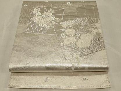 平和屋着物◎六通柄袋帯　美保姿　色紙重ね草花文　銀糸　正絹　逸品　CABC5132in