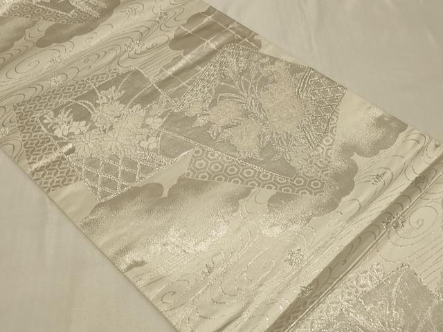 平和屋着物◎六通柄袋帯　美保姿　色紙重ね草花文　銀糸　正絹　逸品　CABC5132in
