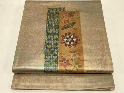 平和屋着物◎太鼓柄袋帯　螺鈿　短冊花鳥文　金彩　引箔　正絹　逸品　CABC5149in