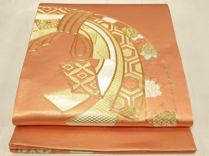平和屋着物◎佐賀錦　太鼓柄袋帯　駒刺繍　束ね熨斗草花文　金銀糸　正絹　逸品　CABC5150in