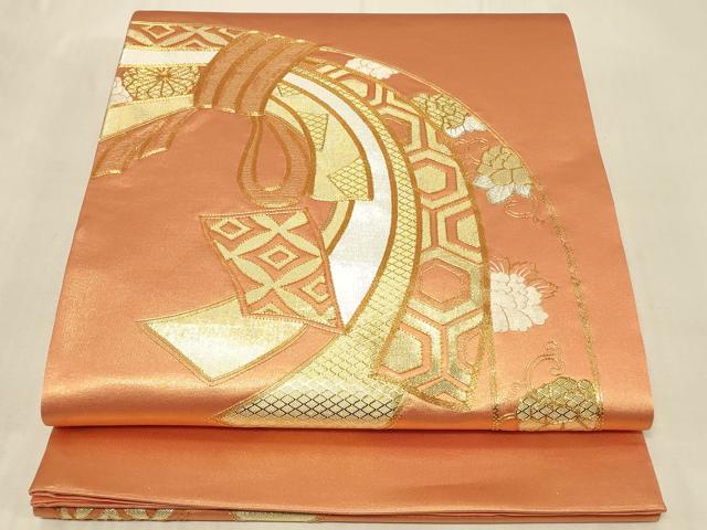 平和屋着物◎佐賀錦　太鼓柄袋帯　駒刺繍　束ね熨斗草花文　金銀糸　正絹　逸品　CABC5150in