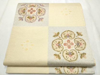 平和屋着物●六通柄袋帯 唐織 市松花文 正絹 逸品 CABC5205hy