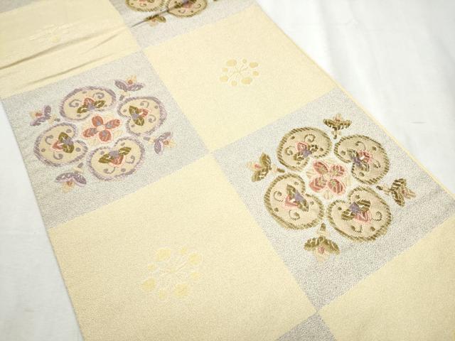 平和屋着物●六通柄袋帯 唐織 市松花文 正絹 逸品 CABC5205hy