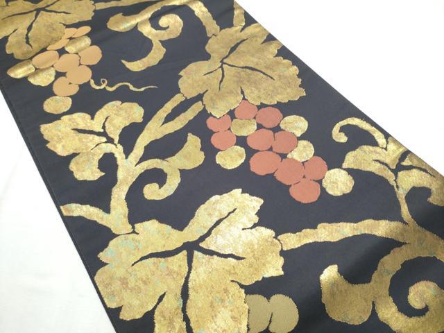 平和屋着物●伝統工芸士 紋屋五左衛門 六通柄袋帯 葡萄蔦の葉文 金糸 正絹 逸品 CABC5212hy