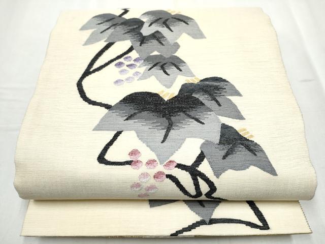 平和屋着物▽両面 太鼓柄袋帯 スリーシーズン 春夏秋 すくい織 葡萄蔦の葉文 正絹 逸品 CABC5225hy