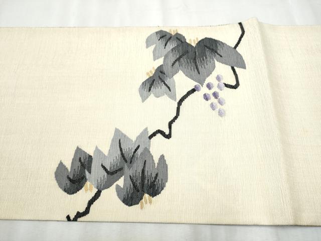 平和屋着物▽両面 太鼓柄袋帯 スリーシーズン 春夏秋 すくい織 葡萄蔦の葉文 正絹 逸品 CABC5225hy