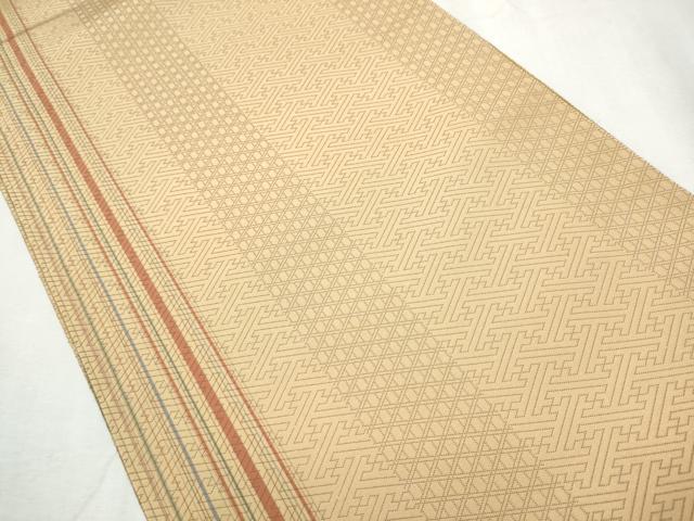 平和屋着物▽西陣 高垣織物謹製 両面 六通柄袋帯 スリーシーズン 春夏秋 紬地 型染め 幾何学花文 証紙付 上代29万 逸品 未使用 CABC5233hy
