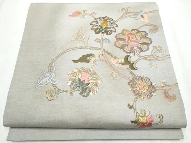平和屋着物●太鼓柄袋帯 紬地 総刺繍 更紗花唐草文 金彩 正絹 逸品 CABC5237hy