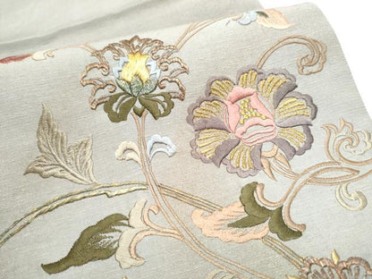 平和屋着物●太鼓柄袋帯 紬地 総刺繍 更紗花唐草文 金彩 正絹 逸品 CABC5237hy