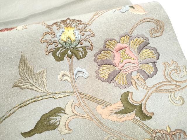 平和屋着物●太鼓柄袋帯 紬地 総刺繍 更紗花唐草文 金彩 正絹 逸品 CABC5237hy