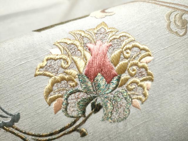 平和屋着物●太鼓柄袋帯 紬地 総刺繍 更紗花唐草文 金彩 正絹 逸品 CABC5237hy