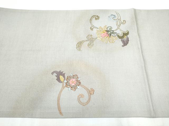 平和屋着物●太鼓柄袋帯 紬地 総刺繍 更紗花唐草文 金彩 正絹 逸品 CABC5237hy