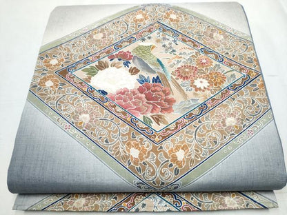 平和屋着物●太鼓柄袋帯 紬地 刺繍 花鳥文 金糸 正絹 逸品 CABC5239hy
