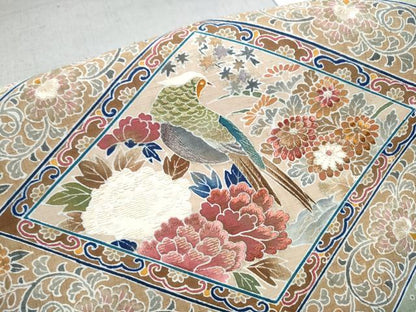 平和屋着物●太鼓柄袋帯 紬地 刺繍 花鳥文 金糸 正絹 逸品 CABC5239hy