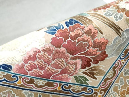 平和屋着物●太鼓柄袋帯 紬地 刺繍 花鳥文 金糸 正絹 逸品 CABC5239hy