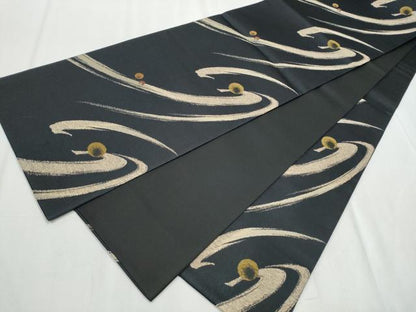 平和屋着物●六通柄袋帯 故郷の川遊 黒地 正絹 逸品 CABC5243hy