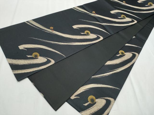 平和屋着物●六通柄袋帯 故郷の川遊 黒地 正絹 逸品 CABC5243hy