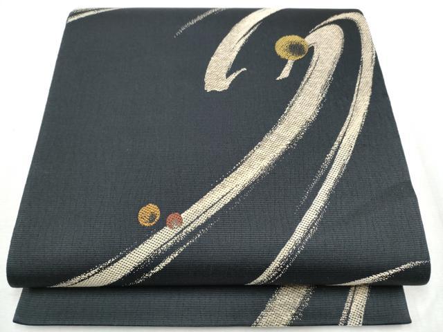 平和屋着物●六通柄袋帯 故郷の川遊 黒地 正絹 逸品 CABC5243hy