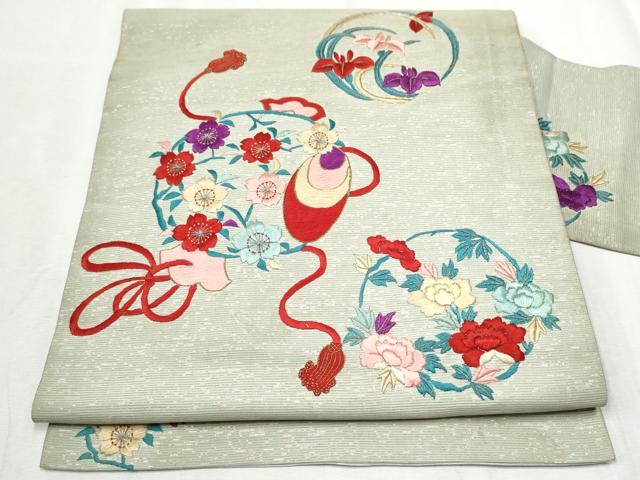 平和屋着物●アンティーク 大正ロマン 九寸名古屋帯 総刺繍 駒刺繍 鏡裏花文 銀糸 正絹 逸品 CABC5249hy