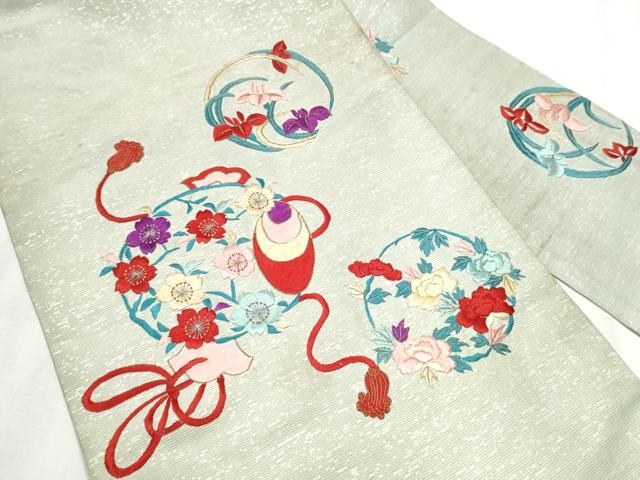 平和屋着物●アンティーク 大正ロマン 九寸名古屋帯 総刺繍 駒刺繍 鏡裏花文 銀糸 正絹 逸品 CABC5249hy
