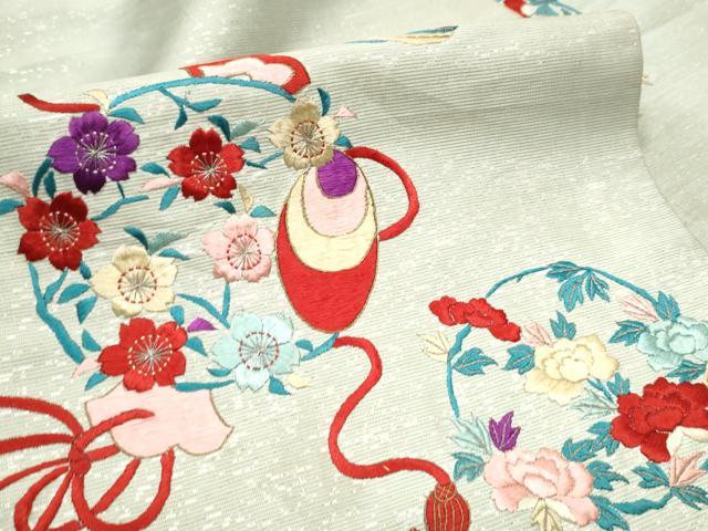 平和屋着物●アンティーク 大正ロマン 九寸名古屋帯 総刺繍 駒刺繍 鏡裏花文 銀糸 正絹 逸品 CABC5249hy