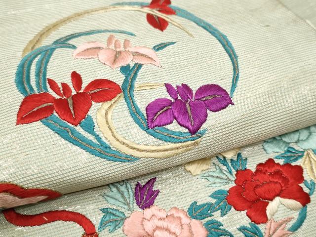 平和屋着物●アンティーク 大正ロマン 九寸名古屋帯 総刺繍 駒刺繍 鏡裏花文 銀糸 正絹 逸品 CABC5249hy