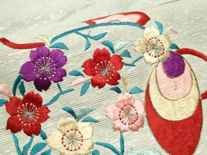 平和屋着物●アンティーク 大正ロマン 九寸名古屋帯 総刺繍 駒刺繍 鏡裏花文 銀糸 正絹 逸品 CABC5249hy