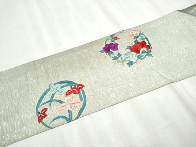 平和屋着物●アンティーク 大正ロマン 九寸名古屋帯 総刺繍 駒刺繍 鏡裏花文 銀糸 正絹 逸品 CABC5249hy