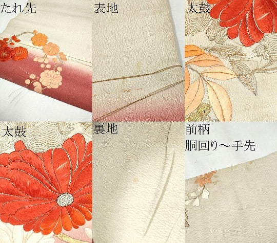 平和屋着物●アンティーク 大正ロマン 九寸名古屋帯 総刺繍 駒刺繍 草花丸文 正絹 逸品 CABC5250hy