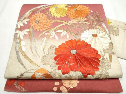 平和屋着物●アンティーク 大正ロマン 九寸名古屋帯 総刺繍 駒刺繍 草花丸文 正絹 逸品 CABC5250hy