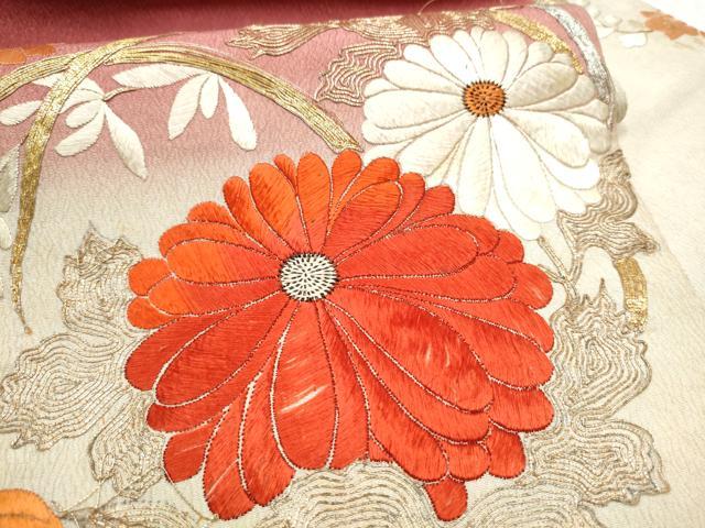 平和屋着物●アンティーク 大正ロマン 九寸名古屋帯 総刺繍 駒刺繍 草花丸文 正絹 逸品 CABC5250hy