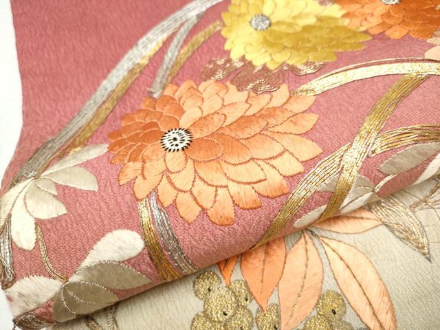平和屋着物●アンティーク 大正ロマン 九寸名古屋帯 総刺繍 駒刺繍 草花丸文 正絹 逸品 CABC5250hy