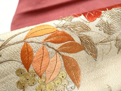 平和屋着物●アンティーク 大正ロマン 九寸名古屋帯 総刺繍 駒刺繍 草花丸文 正絹 逸品 CABC5250hy