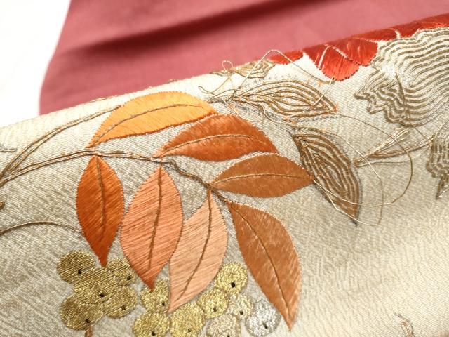 平和屋着物●アンティーク 大正ロマン 九寸名古屋帯 総刺繍 駒刺繍 草花丸文 正絹 逸品 CABC5250hy