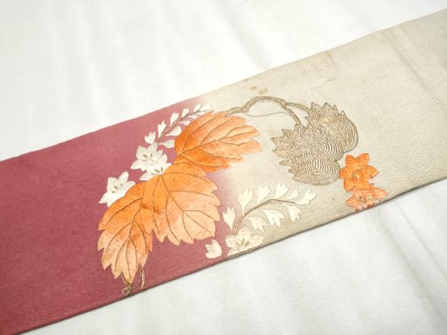 平和屋着物●アンティーク 大正ロマン 九寸名古屋帯 総刺繍 駒刺繍 草花丸文 正絹 逸品 CABC5250hy