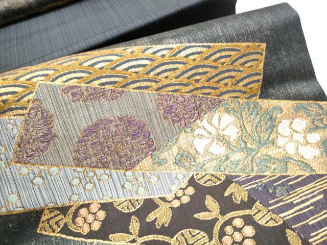 平和屋着物●九寸開き名古屋帯 色紙重ね流水花文 金糸 正絹 逸品 CABC5251hy