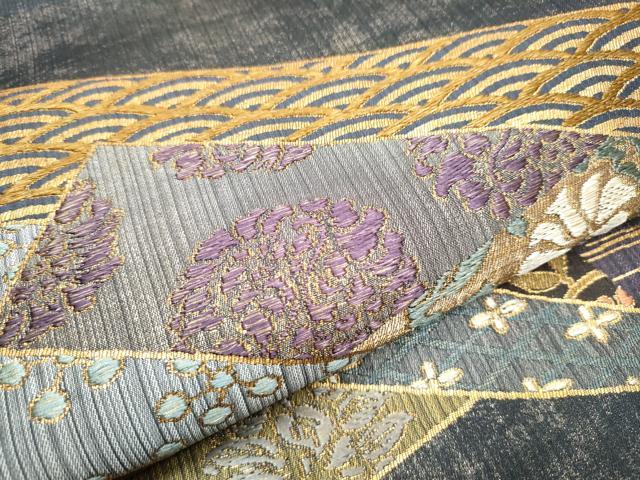 平和屋着物●九寸開き名古屋帯 色紙重ね流水花文 金糸 正絹 逸品 CABC5251hy