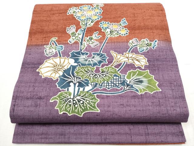 平和屋着物●九寸開き名古屋帯 紬地 型染め 草花文 正絹 逸品 CABC5252hy