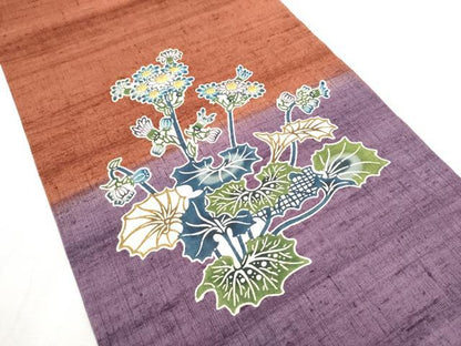 平和屋着物●九寸開き名古屋帯 紬地 型染め 草花文 正絹 逸品 CABC5252hy