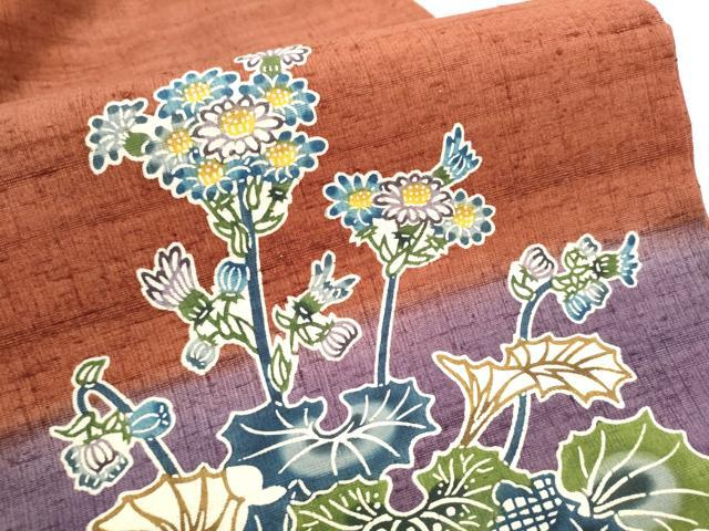 平和屋着物●九寸開き名古屋帯 紬地 型染め 草花文 正絹 逸品 CABC5252hy