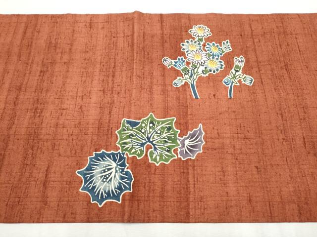 平和屋着物●九寸開き名古屋帯 紬地 型染め 草花文 正絹 逸品 CABC5252hy