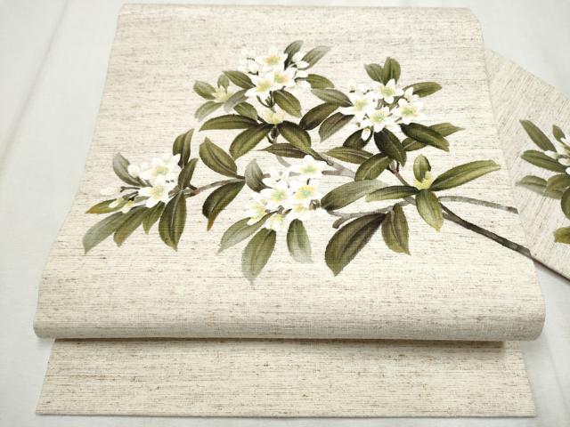 平和屋着物●九寸名古屋帯　作家物　手描き　ぜんまい紬　枝花文　正絹　逸品　CABC5253hy